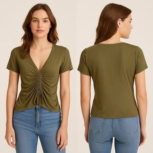 Free Kisses‎ Olive Green Drawstring Ruched V- Neck Short Sleeve T Shirt Top XL